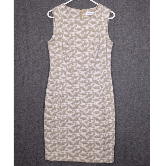 Calvin Klein Dresses & Skirts - Calvin Klein White Beige Geometric Sleeveless Midi Sheath Dress Office‎ Size 10